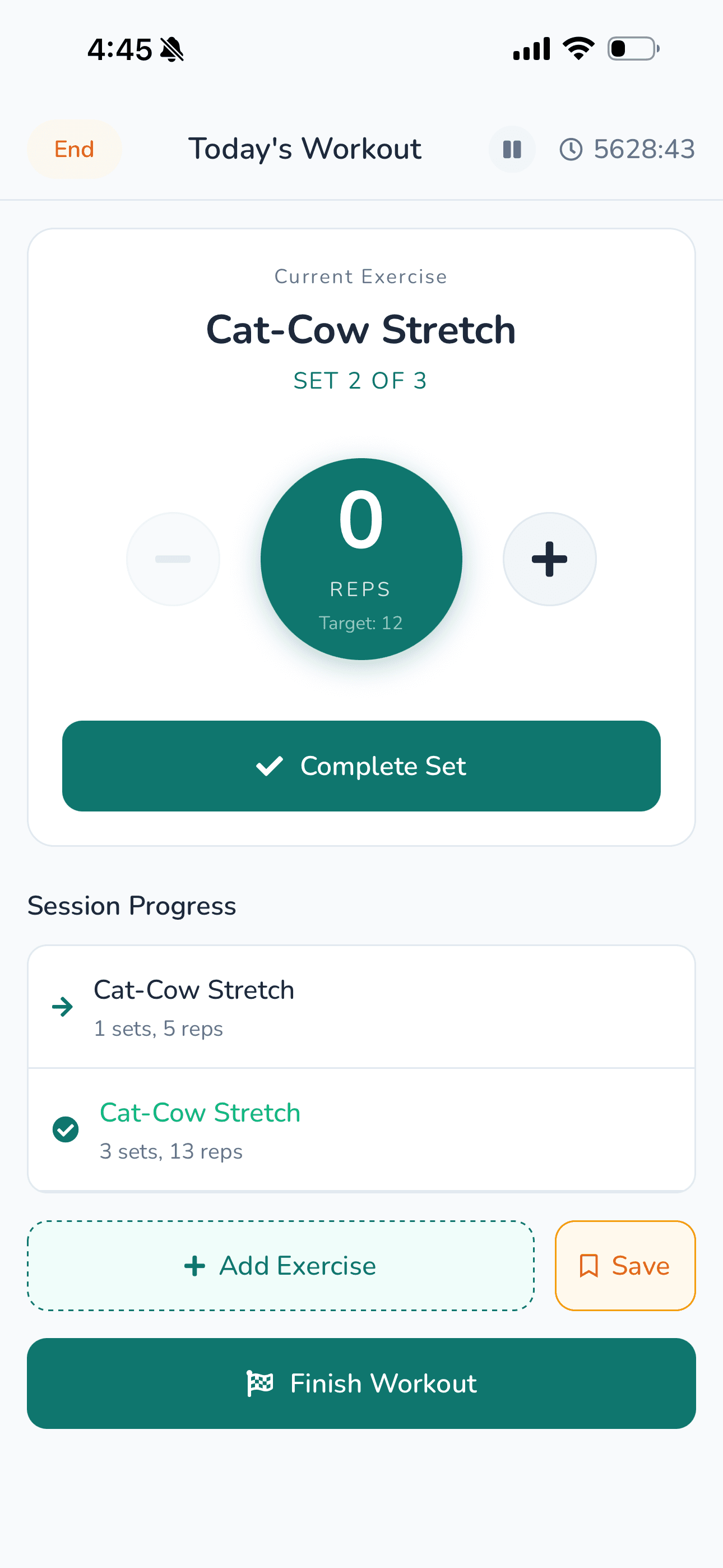 Workout tracking screen